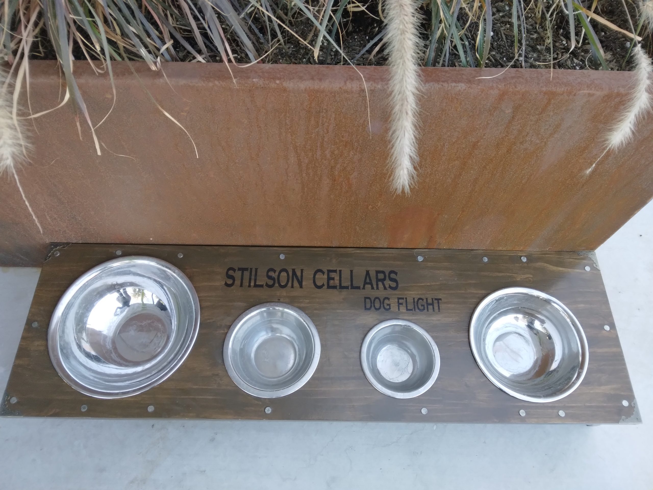 Stilson Cellars Dog Flight - it's bowls of water for dogs on the floor